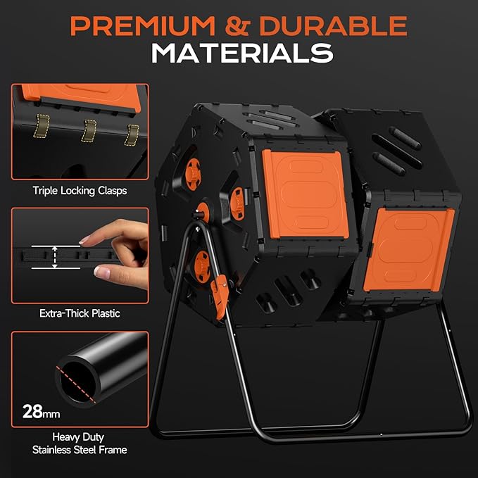 Compost Bin 45 Gallon, Easy Assemble Composter Tumbler, Dual Chamber Large Compost Bin Outdoor for Fast Composting, 360°Rotating Composter for Outside, Garden, Backyard, and Yard