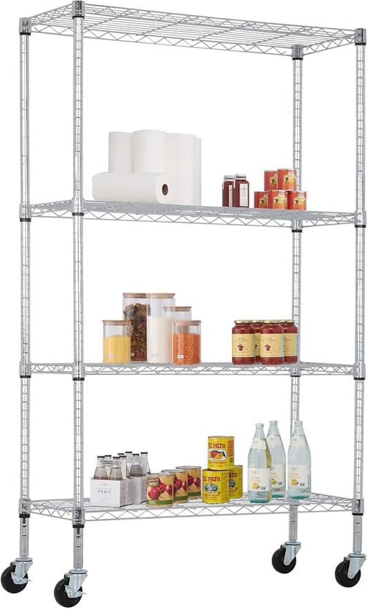 FDW 4-Tier Wire Shelving Storage Shelves Adjustable NSF Wire Shelf Heavy Duty Storage Shelving Unit on 3” Wheel Casters Commercial Metal Wire Rack 36L x 14W x 62H,Chrome