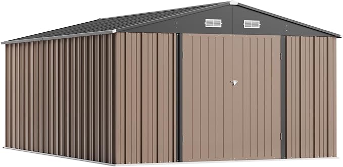 Greesum 10×14 FT Outdoor Storage Shed, Metal Storaged Sheds Without Floor, Tool Sheds with Lockable Doors and Sloping Roof for Garden, Patio, Backyard, Brown