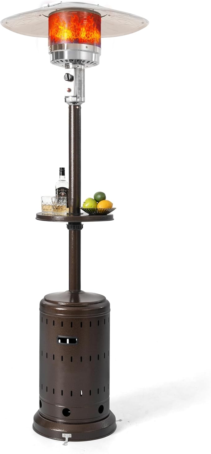 Nuu Garden Outdoor Propane Gas Patio Heater with Wheels, Patio Heater with Liftable Drink Stand for Patio, 304 Stainless Steel Burner, Backyard, Garden, Porch, Brown