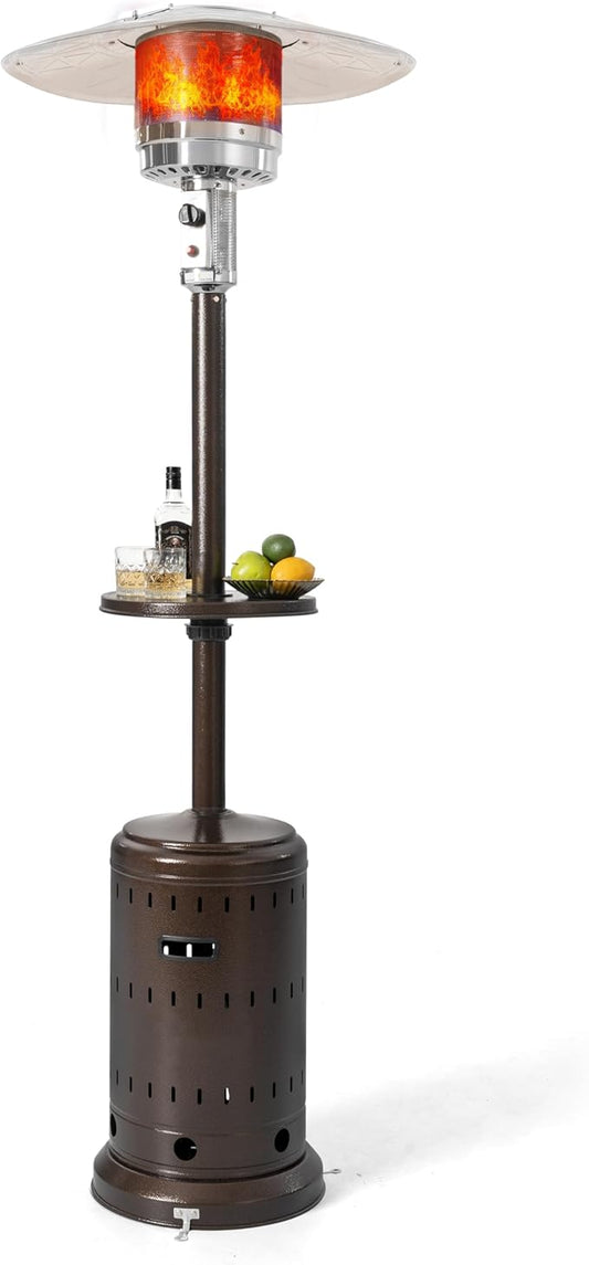 Nuu Garden Outdoor Propane Gas Patio Heater with Wheels, Patio Heater with Liftable Drink Stand for Patio, 304 Stainless Steel Burner, Backyard, Garden, Porch, Brown