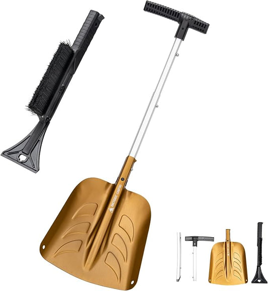 OneTigris Snow Shovel, Collapsible Aluminum Alloy with Ice Scraper Brush - Portable Folding Shovel for Camping, Car Emergency, Winter Outdoor - 25.98" Lightweight Durable Design (Coyote Brown)