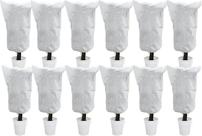EAONE 12 Pack Plant Covers Freeze Protection, 24x32'' Winter Frosts Cloth for Outdoor Plants, Reusable Frost Blankets Drawstring Bags for Cold Freeze Sun Protection Bird Insect Prevention,White
