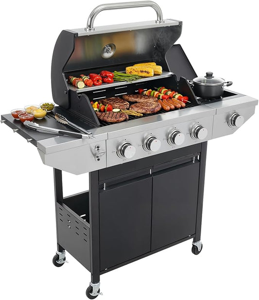 4-Burner Propane Gas BBQ Grill with Side Burner, 46,500 BTU Output Stainless Steel Barbecue Grill with Enameled Cast Iron Grates and Side Tables for Outdoor Cooking Kitchen and Patio Backyard