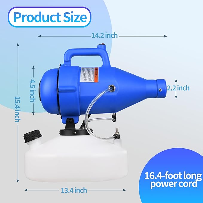 Portable ULV Fogger Machine with 4.5L Tank, Adjustable Spray Volume, 30ft Range, 16.4ft Cord, Cold Mist Disinfectant Sprayer, Lightweight Handheld for Hotel, School, Church, Yard