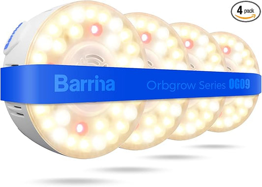 Barrina Orbgrow OG09 Puck LED Grow Light with 660nm Red LEDs, 36W(4 x 9W, 540 Watt Equiv), Plant Lights for Indoor Plants Full Spectrum, Magnetic & Linkable, Small Grow lamp for Plant Shelf, 4 Packs