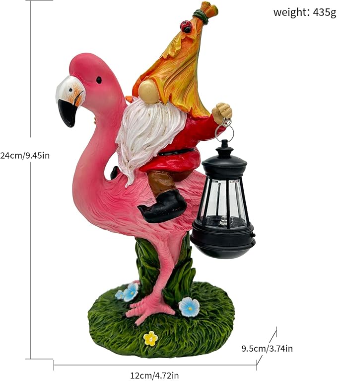 Gnomes Flamingo with Solar Lantern, Whimsical Decor for Garden, Yard, Patio, Lawn, LED Lights - Unique Gift for Women, Mom, Friends(Red Gnomes)