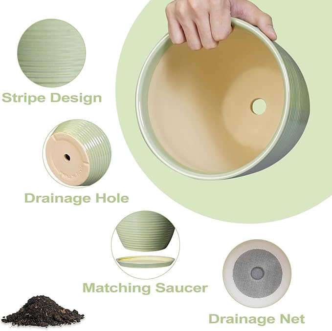 Ceramic Pots for Plants - Modern Round 8 Inch Planter with Drainage Hole and Plant Saucer for Flower Indoor Outdoor, Home Decor, House Warming Gifts, Green