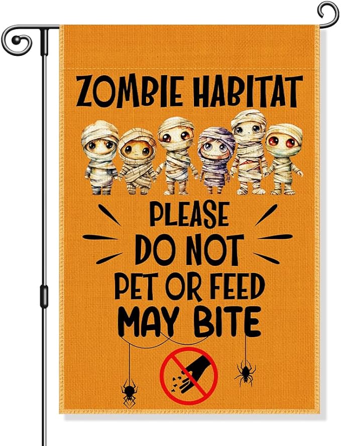 Zombies Habitat Please Do Not Pet Or Feed May Bite Garden Flag, Zombies Welcome Halloween Flag, Funny Skull Yard Sign for Outside, Spooky Season Outdoor Porch Lawn Fall Halloween Decor