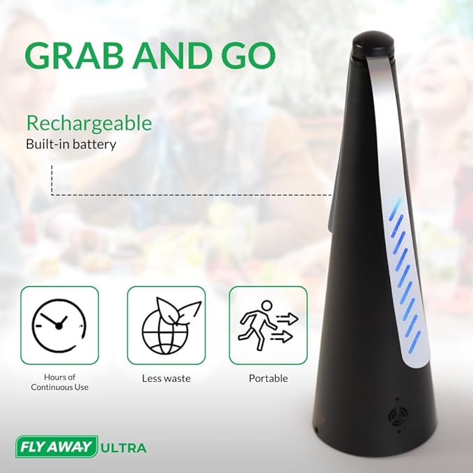 Fly Away Ultra - 2 Pack Rechargeable Outdoor Fly Fans for Tables with Ultrasound, Outdoor or Indoor Tabletop use, Restaurant, Barbeque, Events, Deter Flies, Wasps, Bees, Moscas and Bugs, Hanging Hook.
