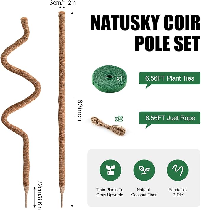 2 Pack Moss Pole, 63 Inch Bendable Moss Poles for Plants Monstera Long for Climbing Plants, Extra Large Handmade Pole Plant Sticks Support Stakes for Indoor Plants to Grow Upwards