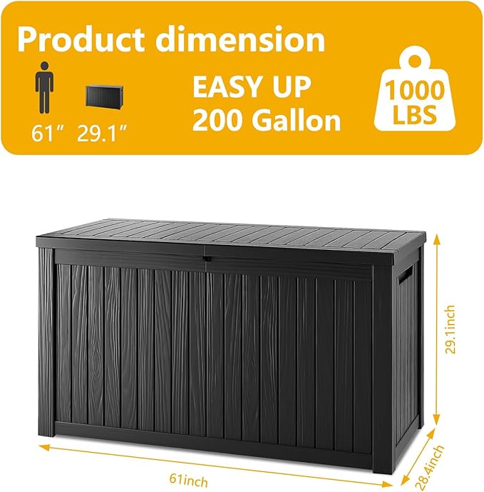200 Gallon Deck Box, Resin Outdoor Indoor Waterproof Storage Box, Lockable Storage Box With Handle for Patio Furniture - Garden Tools - Swimming Pool Tools UV-Resistant, Black