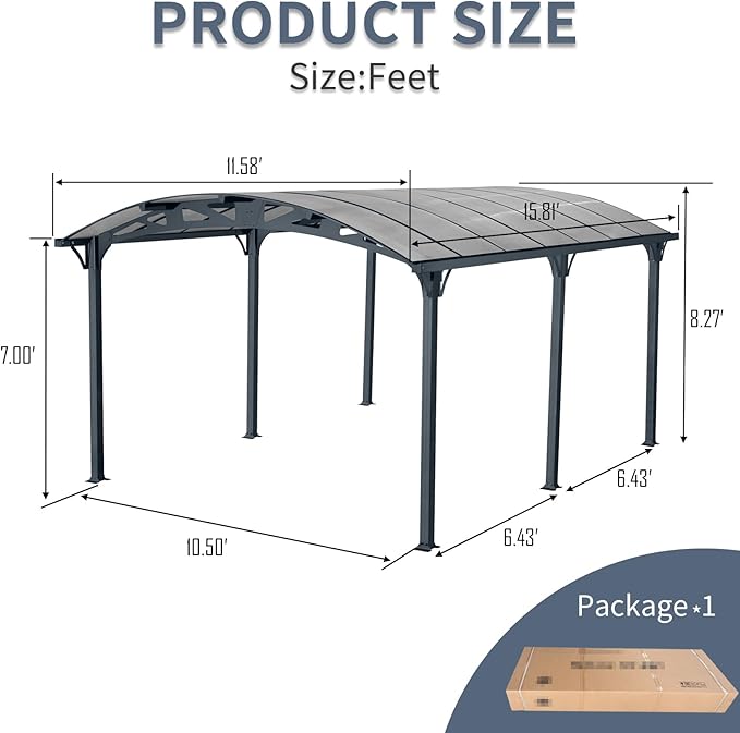 KEIKI 12x16x8 FT Aluminum Metal Outdoor Carport with Polycarbonate Roof,Heavy Duty Vehicle Shed Canopy for Car,Truck and Boats