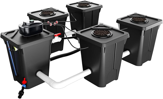 RDWC Hydroponics Grow System 4 Site + Reservoir, 7-Gallon Top Drip Recirculating Deep Water Culture Hydroponic Bucket System, Hydroponics Growing System Kit with Water Pump, Air Pump