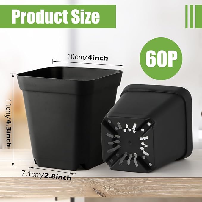 Square Nursery pots 4 Inches 60Pcs, Seedling Plastic Seeds propogation Growing Pots (Black,4Inches,60Pcs)