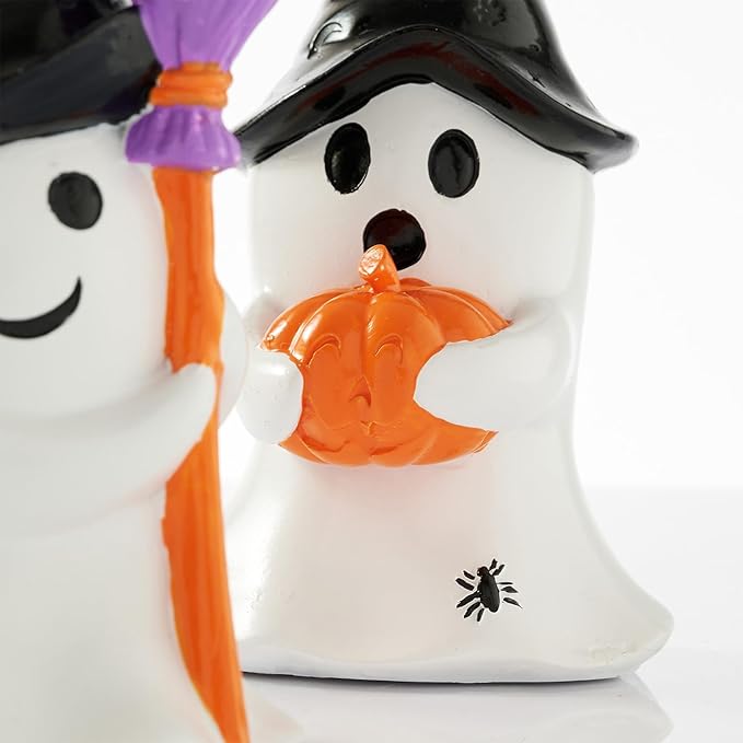 WDS WONDROUS Halloween Decor Ghost Figurines Set of 2 – White Ghosts Decor with Black Witch Hats and Broom&Pumpkin – Resin Cute Ghost Decoration Indoor Table Decor for Shelf Tiered Tray Home