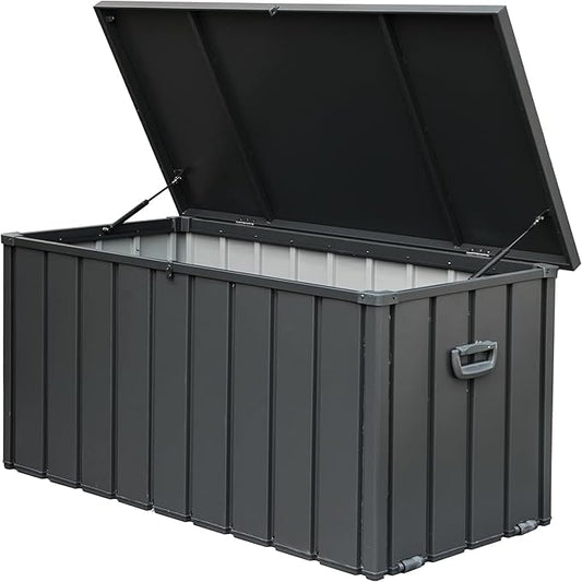 CHUNLY 160 Gallon Waterproof Deck Box with Lockable Lids, Patio Storage Box with Mobility Rollers, Outdoor Storage Bench for Furniture Cushions, Garden Tools & Pool Accessories (Dark Gray)