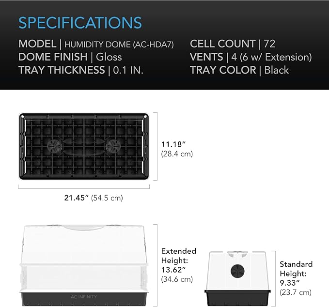 AC Infinity Large Humidity Dome, Heavy-Duty Germination Kit with 3 mm Thick Clear Dome, Sturdy Drip Tray, 6x12 Cell Seedling Tray, and Vented Height Extension Panels, for Seed Starting, Cloning Plants