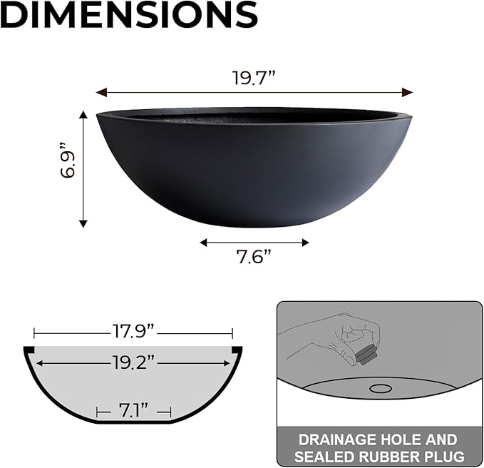 6.9" H x 19.7" D Round Bowl Fiberstone Planter for Succulent and Lotus, Drainage Hole, Weather Resistant for Indoor and Outdoor Use, Included 2 Extra Coco Mats (Black, 17.9" Pot Opening)
