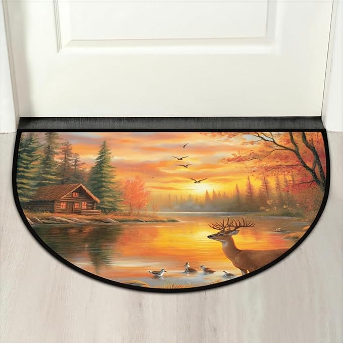 cfpolar Fall Non-Slip Soft Half Round Door Mat, Autumn Deer Maple Forest Semicircle Mat for Indoor Entrance Garage Bath Living Room Patio 24 x 36 in