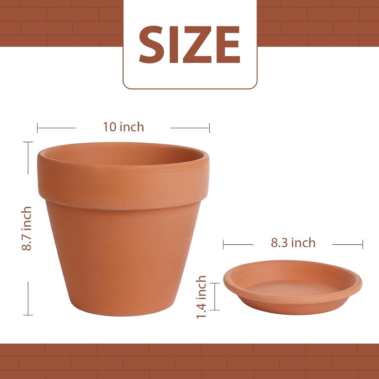 INGOFIN Terracotta Pot with Saucer - 10 Inch Ceramic Clay Pot for Plants with Drainage Hole, Large Terra Cotta Flower Planter with Tray for Indoor Outdoor Plants