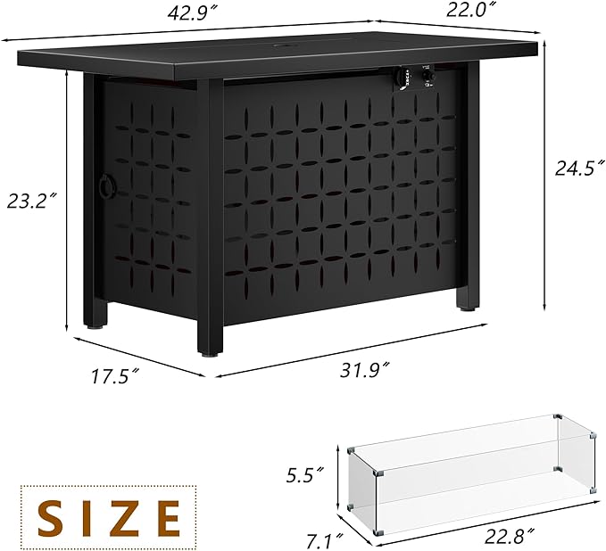 JAMFLY Propane Fire Pit Table, 43'' Gas Fire Pits Table for Outside, 2 in 1 Propane Fire Pit 50,000 BTU with Lava Rocks, Glass Wind Guard, Waterproof Cover and Lid