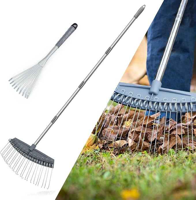 Thatch Rake Adjustable 17"-63", Efficient Metal Leaf Rakes, Wide with 24 Durable Steel Tines, Lightweight Garden Thatching Rakes Used for Mulch ,Leaves, Debris, Pine Needles, Shrub, Gravel