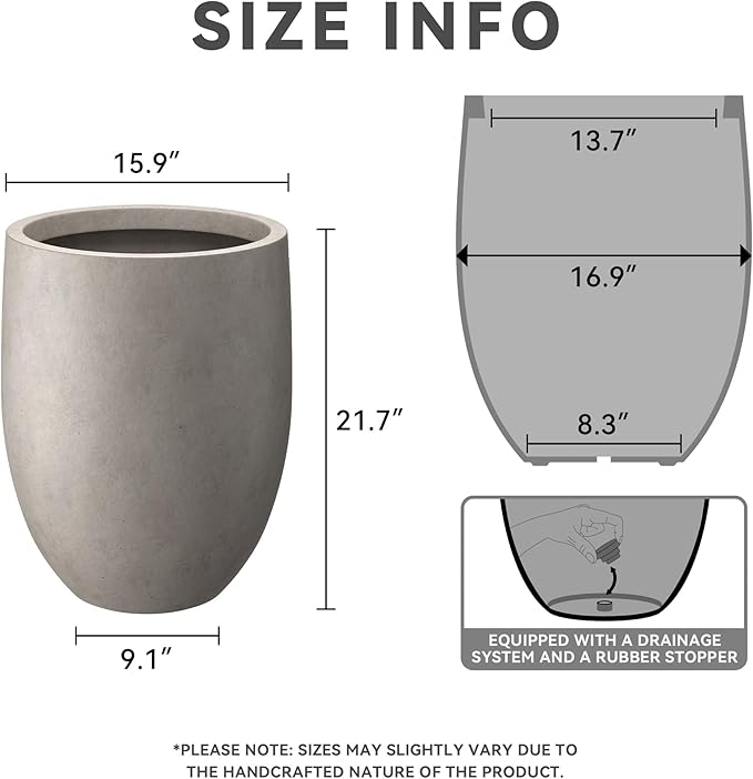 Kante 21.7" H Stone Gray Concrete Tall Planter, Large Decorative Garden Pot with Drainage Hole and Rubber Plug for Outdoor Indoor Plants, Modern Round Style for Home and Garden