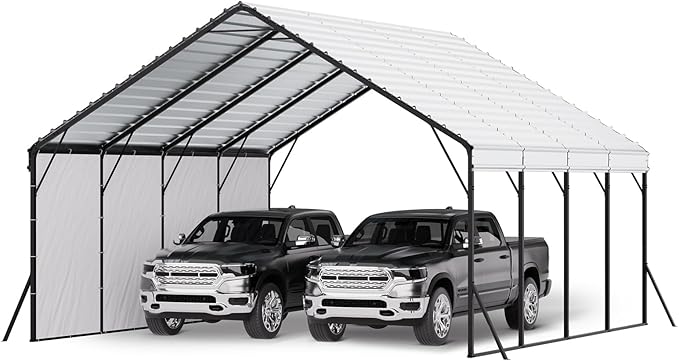VEVOR Heavy Duty Metal Carport, 20 x 20 ft Outdoor Carport with Sturdy Frame & Roof, Car Garage Shade with Removable Sidewalls, Multi-Use Car Shelter for Pickup, Boat, Trucks & Tractors