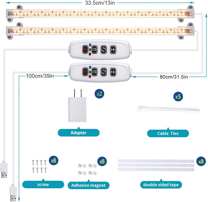 LED Grow Light Strips for Indoor Plants Full Spectrum 3500K, 96 LEDs Plant Light Bar with 3/9/12H Timer, 10 Dimmable Levels for Seedling Succulent and Shelf, 13 Inches, 1 Head 2 Pack
