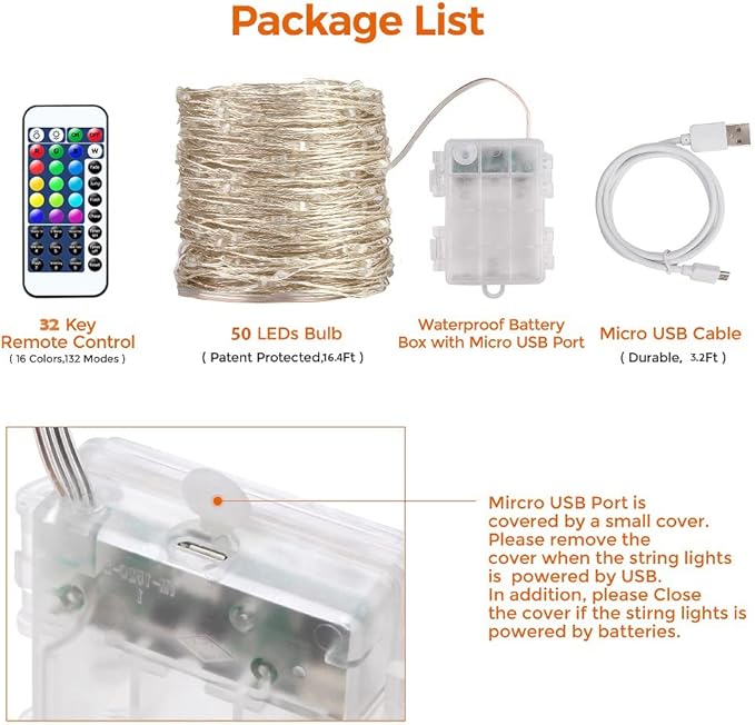 OMIKA 16.4ft 50 LEDs16 Color Battery Operated & USB Powered String Lights, with Remote Timer Waterproof Silver Wire Twinkle Lights for Room Garden Patio Indoor Outdoor Decor(132 Modes)