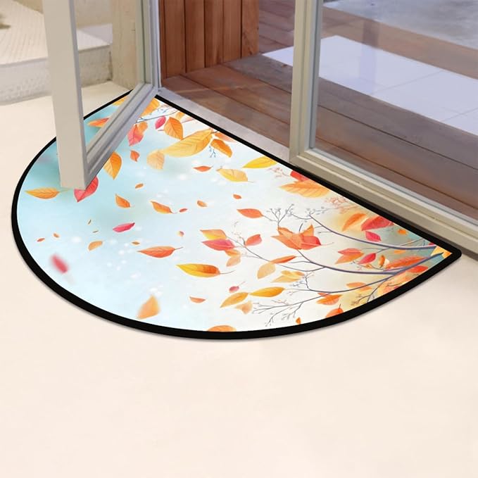 cfpolar Non-Slip Soft Half Round Door Mat, Maple Leaf Maple Tree Autumn Semicircle Mat for Indoor Entrance Garage Bath Living Room Patio 24 x 36 in