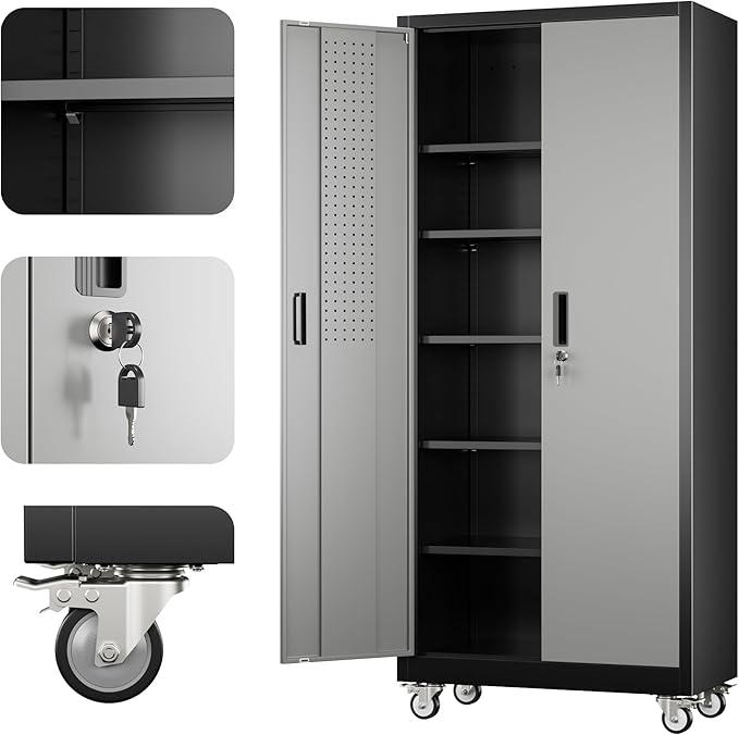 71"H×32"W×16"D Rolling Tool Storage Cabinet with 5 Adjustable Shelves and Pegboard,Metal Garage Storage Cabinet with Wheels for Garage Home Office Utility Room,Required Assembly, Black and Dark Grey