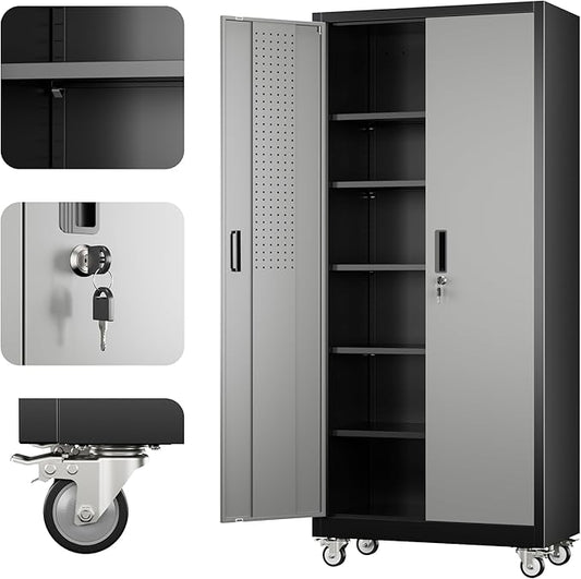 71"H×32"W×16"D Rolling Tool Storage Cabinet with 5 Adjustable Shelves and Pegboard,Metal Garage Storage Cabinet with Wheels for Garage Home Office Utility Room,Required Assembly, Black and Dark Grey