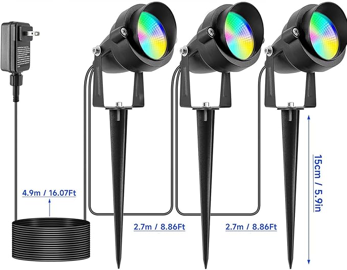 Christmas Spotlights Yard Spot Lights with Timer Colored Warm White 20W RGB Outdoor LED Landscape Light IP65 Waterproof Uplight with Spiked Stand for Lawn House Flag Pathway Porch(3 Lights)
