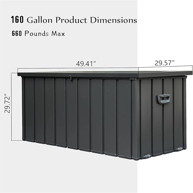 CHUNLY 160 Gallon Waterproof Deck Box with Lockable Lids, Patio Storage Box with Mobility Rollers, Outdoor Storage Bench for Furniture Cushions, Garden Tools & Pool Accessories (Dark Gray)