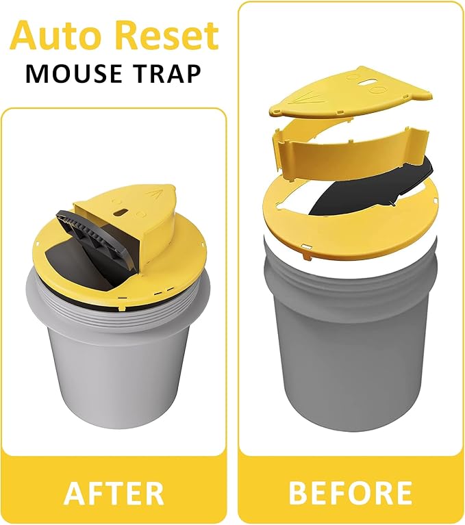 Mouse Trap Bucket Flip Lid Multi-Catch for Indoor Outdoor, Auto-Reset Humane Rats Trap | No Chemicals or Glue Needed | 5 Gallon Bucket Compatible (1-Pack)