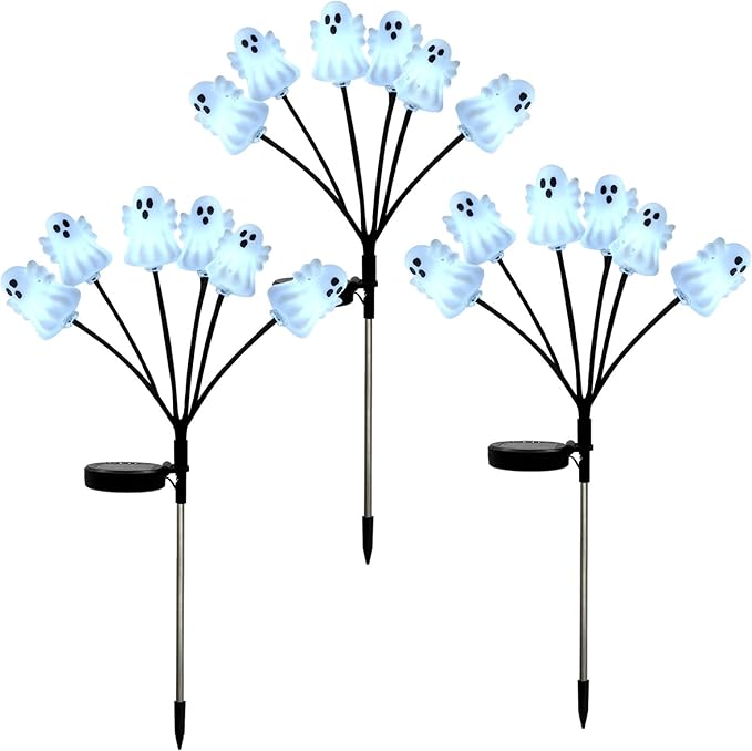 Solar Halloween Pathway Lights 3 Pack Ghost Stake Lights Outdoor 2 Modes Cool White LEDs for Garden Yard Patio