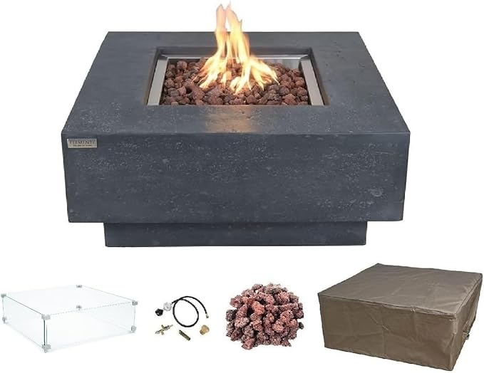 Elementi Manhattan Gas Fire Pit Cast Concrete Fire Table, Outdoor Fire Pit Electronic Ignition | Canvas Cover, Lava Rock Included | Free AMS Wind Guard | Dark Gray (Propane Gas)
