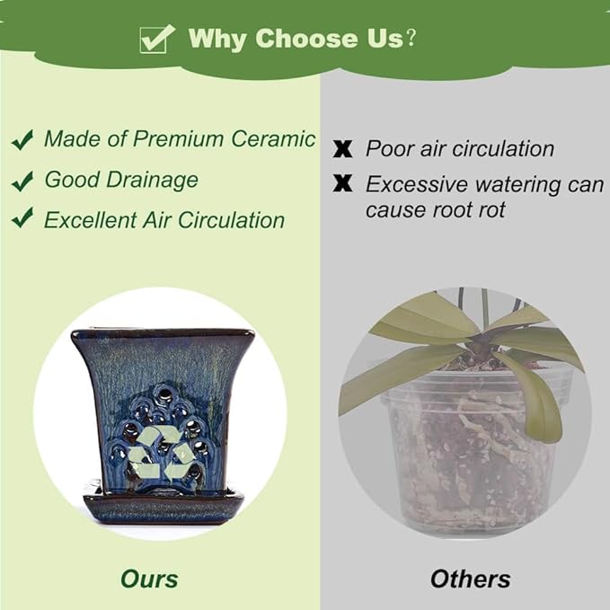 Ceramic Orchid Pots with Holes attached Saucers 4.8 Inches - Set of 2 Small Square Orchid Pots for Repotting, Decorative Ceramic Orchid Planter with Hole for Healthy Root Growth Blue and Green