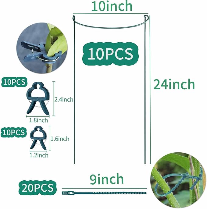 TCBWFY 10 Pack Garden Supports for Plants Metal 10" Wide x 24" High Interlock Half Round Garden Plant Support Ring Border Support Plant Support Ring Cage for Rose Flowers Vine Tomato