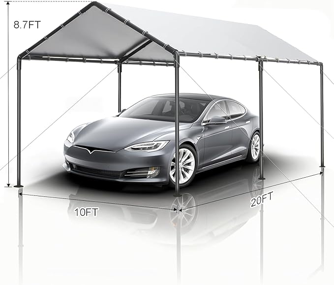 Carport, 10x20ft Heavy Duty Portable Garage, Car Port with Storage Shed, Car Canopy Car Tent with Steel Frame All-Season Tarp for Car, Truck, Boat, Party (B-White)