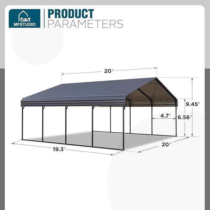 MFSTUDIO Carport 20x20 ft, Outdoor Heavy Duty Metal Shed Carports, Metal Garage Car Shelter Shade Car Port with Galvanized Roof, Frame and Bolts for 2 Cars, Truck and Boats