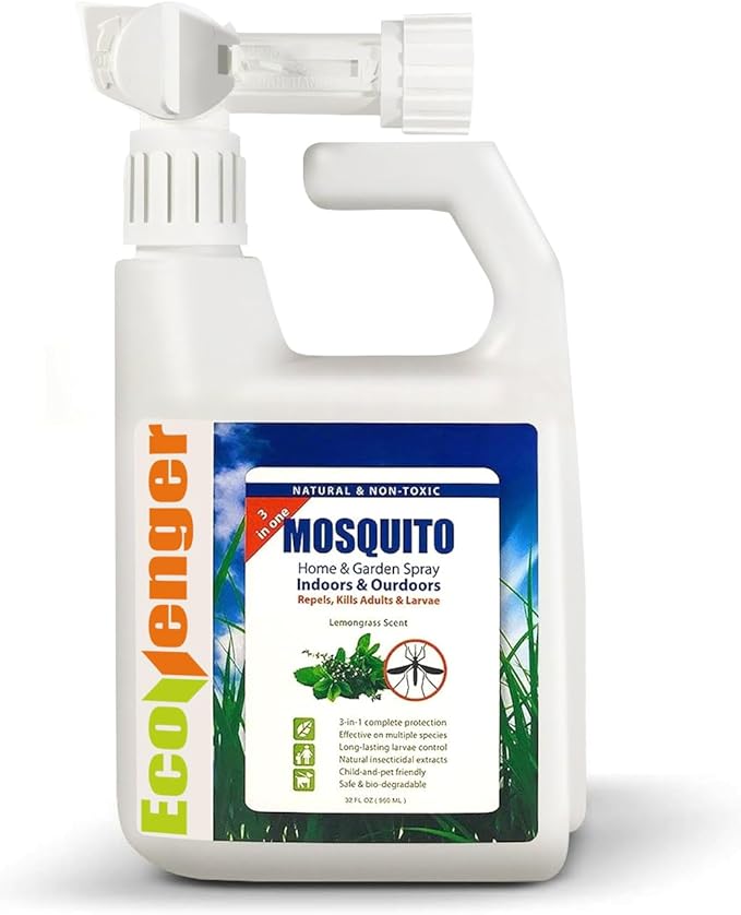 EcoVenger by EcoRaider Mosquito Control Triple-Action Hose-end Spray 32 oz, Kills Aphids, Gnats, Ticks, Kills All Stages + Larvae Control + Lasting Repellency, Citrus Scent, Non-Toxic Child-&-Pet-Safe