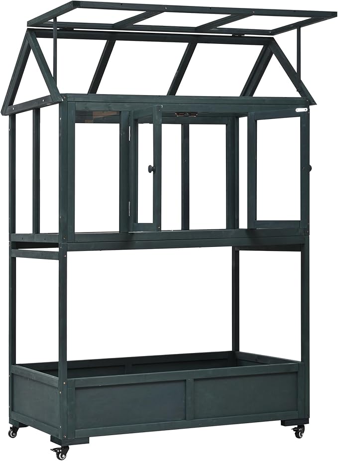 62" Wooden Greenhouse with Wheels - Adjustable Shelves Portable Cold Frame for Balcony/Patio, UV-Resistant Indoor Outdoor Plant Growing Cabinet (Large, Heavy-Duty) (Green)