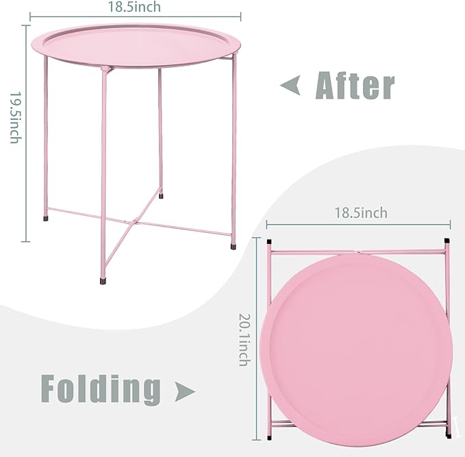 Garden 4 you End Table Set of 2, Outdoor Side Table, Small Patio Table Metal Side Table, Round Folding Side Table, for Outdoor and Living Room,Pink