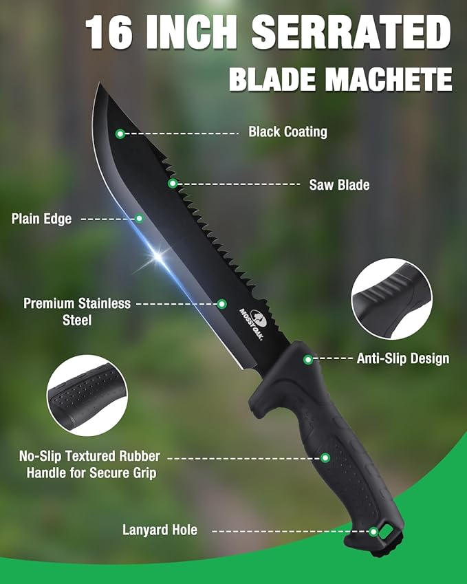 Mossy Oak Machete with Saw, 16" Sharp Machete with Sheath, Ergonomic No-Slip Handle for Bushcraft, Outdoor Hunting, Garden Cutting Small Trees and Yard Work