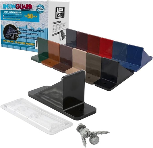 Color 50 Qty Commercial Bulk Pack (Snow Guards, Perfect Seal Gaskets & Screws) - Stop Snow from Sliding Off Your Metal Roof Snow Guard Block Stops Breaks (Burnished Slate)