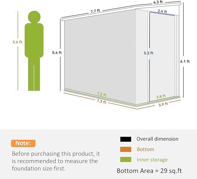 Outsunny 4' x 7.7' Metal Outdoor Storage Shed, Lean to Storage Shed, Garden Tool Storage House with Lockable Door and 2 Air Vents for Backyard, Patio, Lawn, Dark Gray