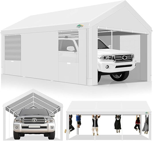 COBIZI Carport 10x20ft Heavy Duty Portable Garage, 2.0 Powder Coated Frame(Better Than Galvanized), Waterproof Shelter with Removable Sidewalls & Windows, Built-in Sandbags, for Car/Boat/SUV, White